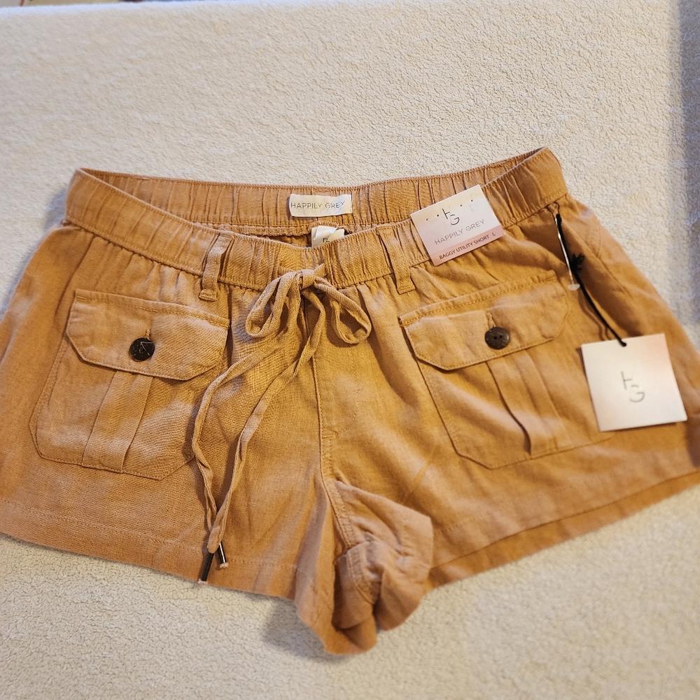 WOMEN Tan Cargo Shorts with Drawstring Waist and Relaxed Fit.